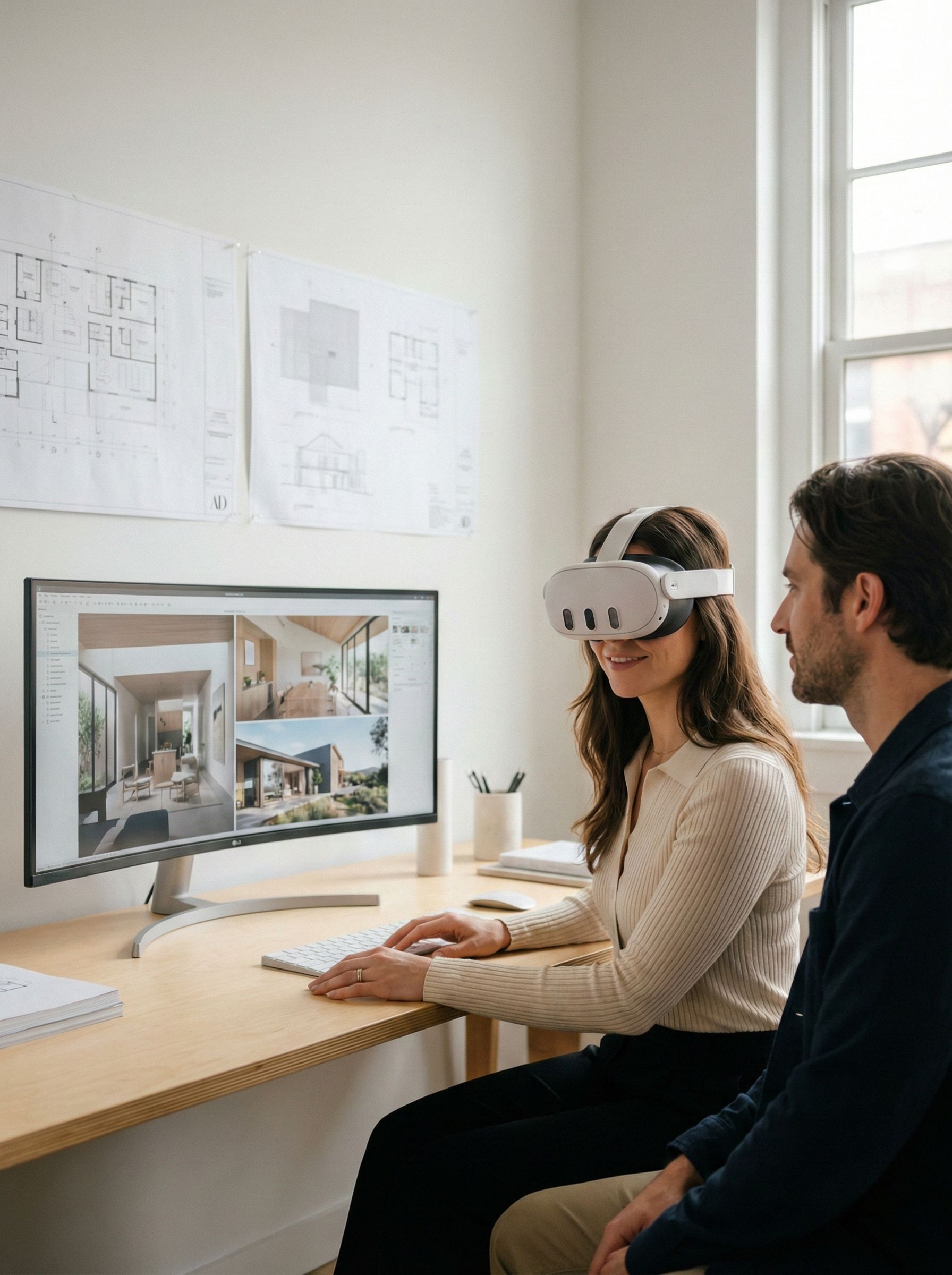 Kobieta w okularach VR oglądająca projekt domu