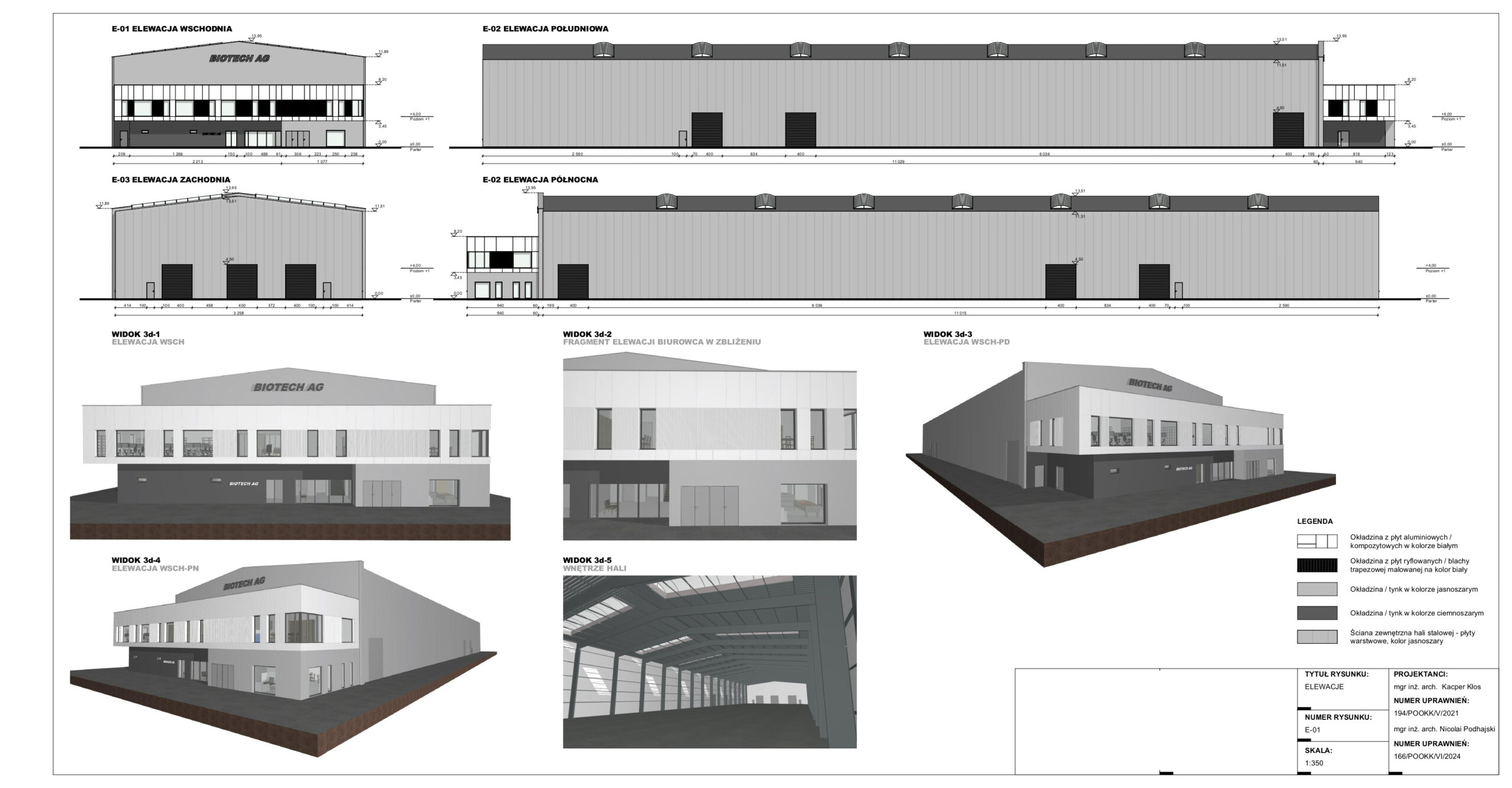Projekt elewacji hali produkcyjnej Biotech AG — rysunki czterech elewacji oraz widoki 3D z legendą materiałów wykończeniowych - projekt architektoniczny KP Project