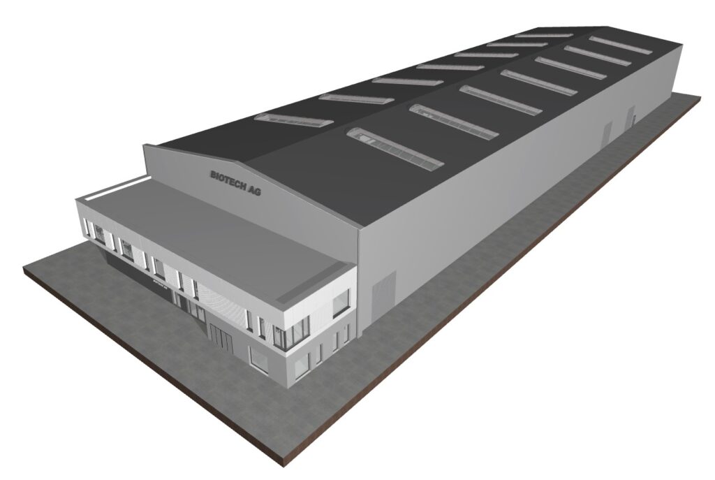 Model 3D hali produkcyjnej Biotech AG z częścią biurową i świetlikami dachowymi w widoku izometrycznym - projekt architektoniczny KP Project