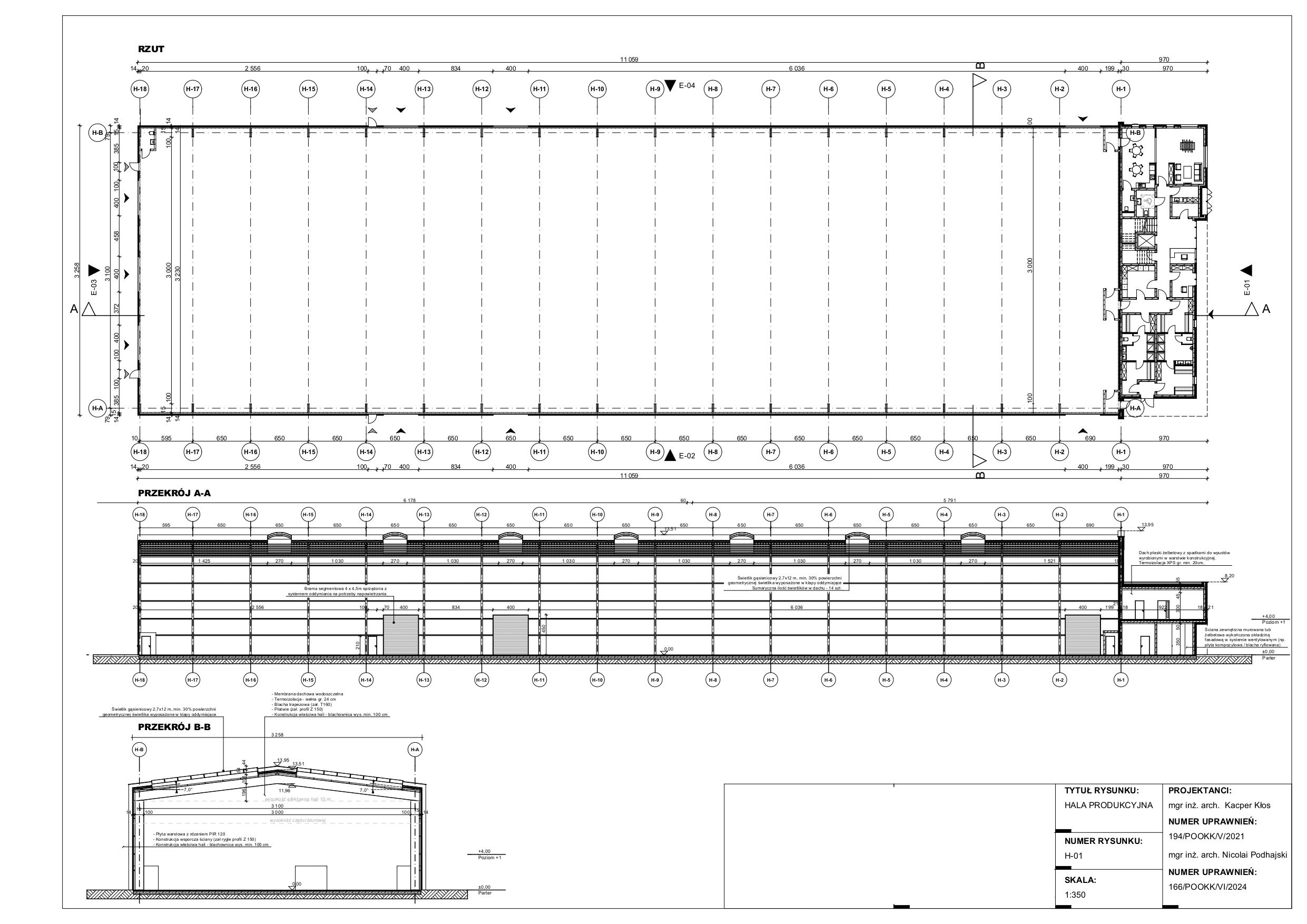 Rzut i przekroje architektoniczne hali produkcyjnej Biotech AG w skali 1:350 z oznaczeniami osi konstrukcyjnych - projekt architektoniczny KP Project