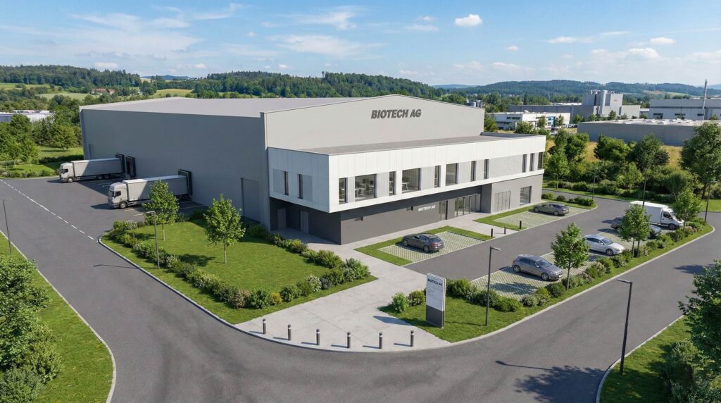 Wizualizacja architektoniczna nowoczesnej hali przemysłowej Biotech AG z częścią biurową, rampami załadunkowymi i parkingiem - projekt architektoniczny KP Project