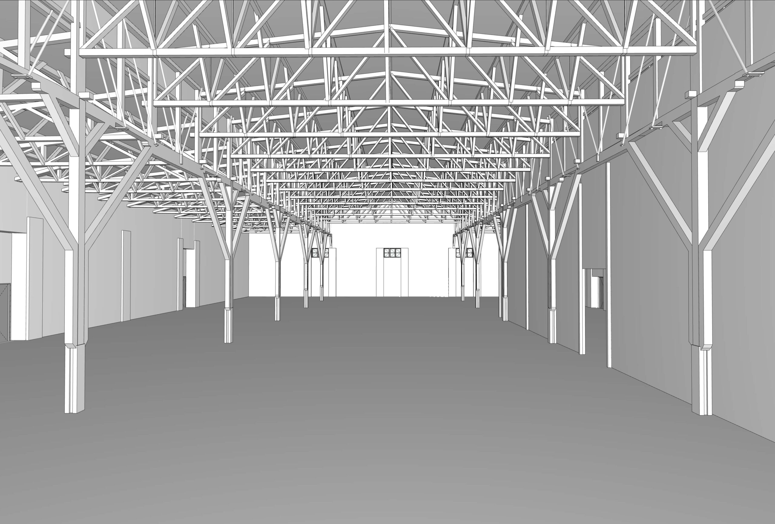 Model BIM wnętrza hali stalowej z konstrukcją kratownicową i słupami – KP Project