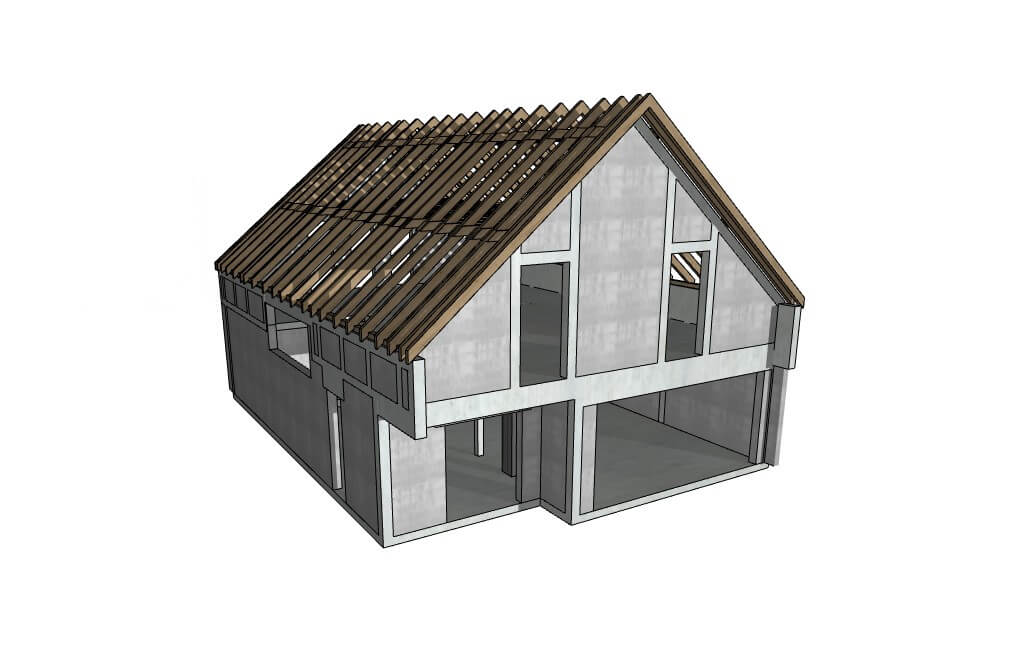 Model BIM konstrukcji domu jednorodzinnego – widok 3D struktury ścian, stropów i więźby dachowej wykonany w Archicadzie, KP Project
