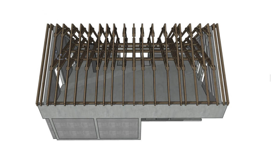 Model BIM więźby dachowej domu jednorodzinnego – widok z góry na konstrukcję krokwi i jętek, Archicad, KP Project