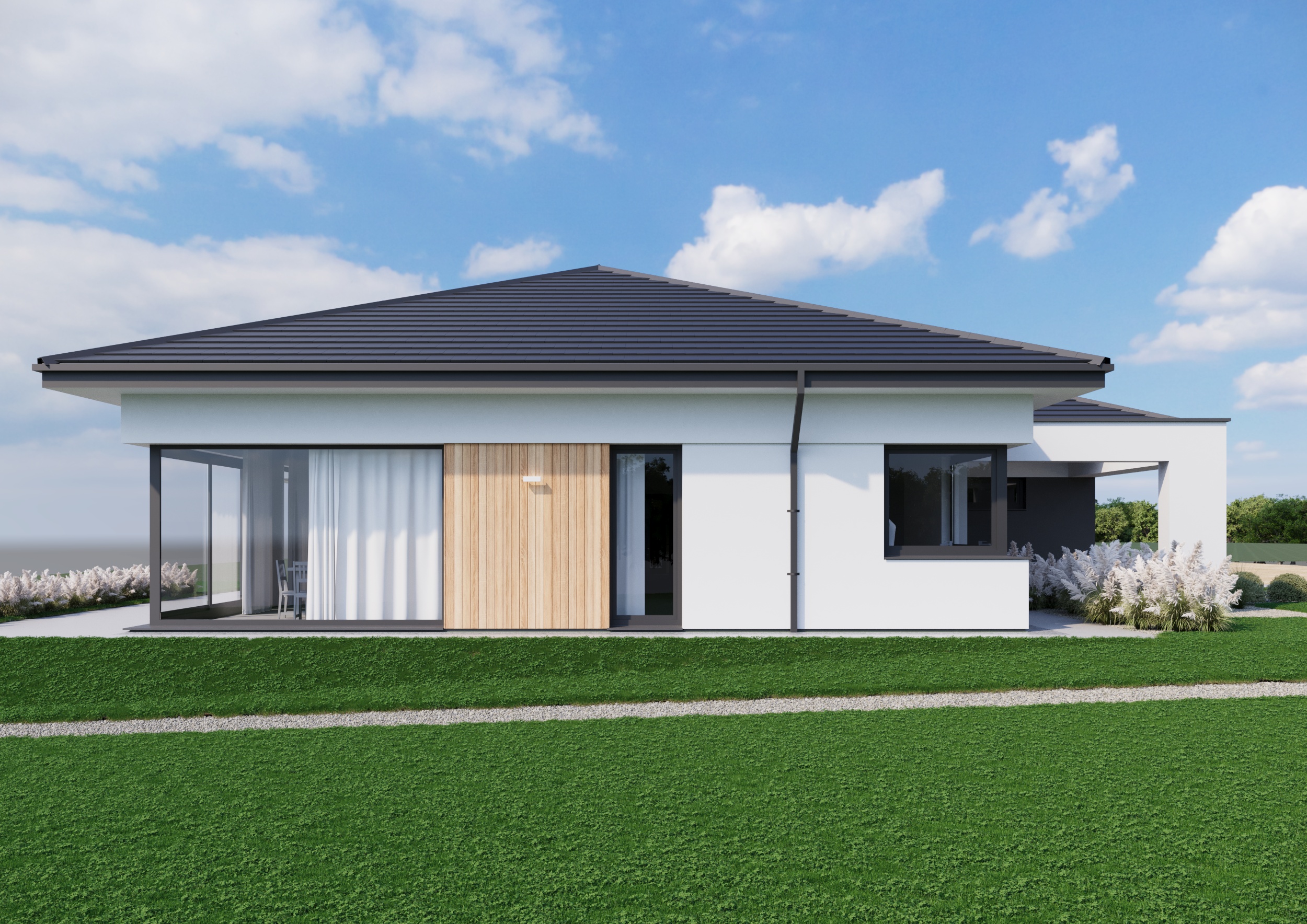 Wizualizacja KP Project — elewacja boczna domu parterowego z przeszkleniami, drewnianym panelem elewacyjnym i dachem kopertowym