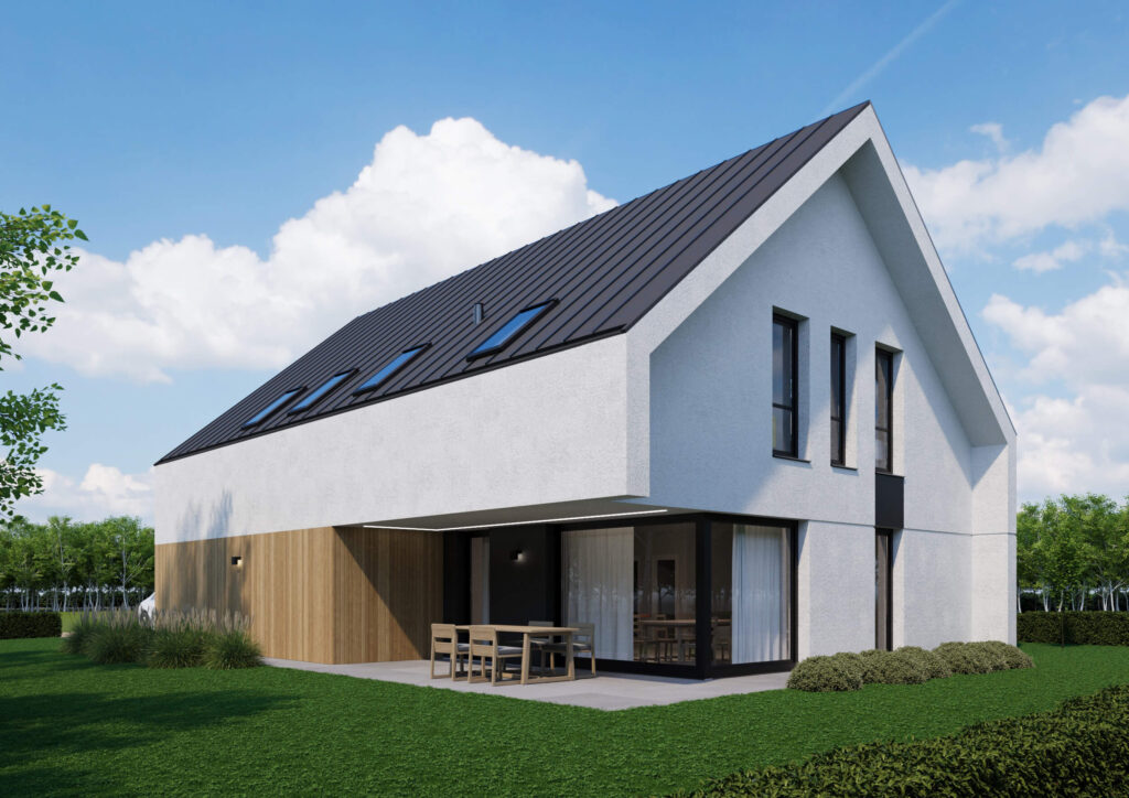 Elewacja ogrodowa projektu indywidualnego domu jednorodzinnego – taras z przeszkleniem, okładzina drewniana i biały tynk, KP Project