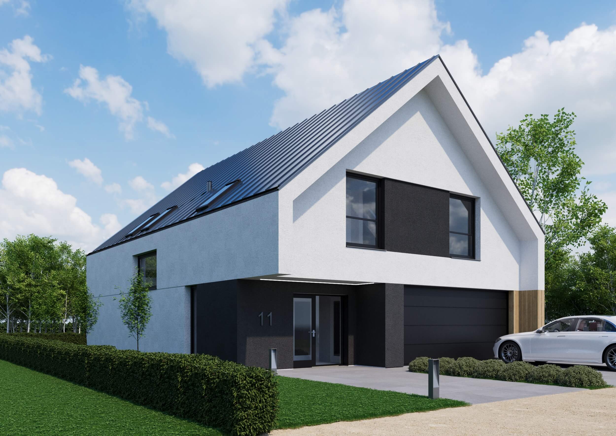Projekt indywidualny domu jednorodzinnego z dwuspadowym dachem – nowoczesna elewacja w bieli i graficie z garażem dwustanowiskowym, KP Project Trójmiasto