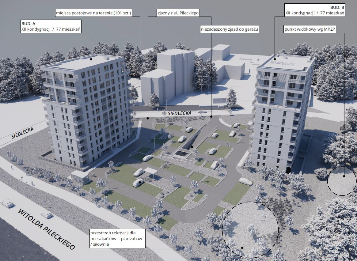 Schemat osiedla mieszkaniowego przy ul. Pileckiego - dwa budynki 12-kondygnacyjne po 77 mieszkań - projekt architektoniczny KP Project