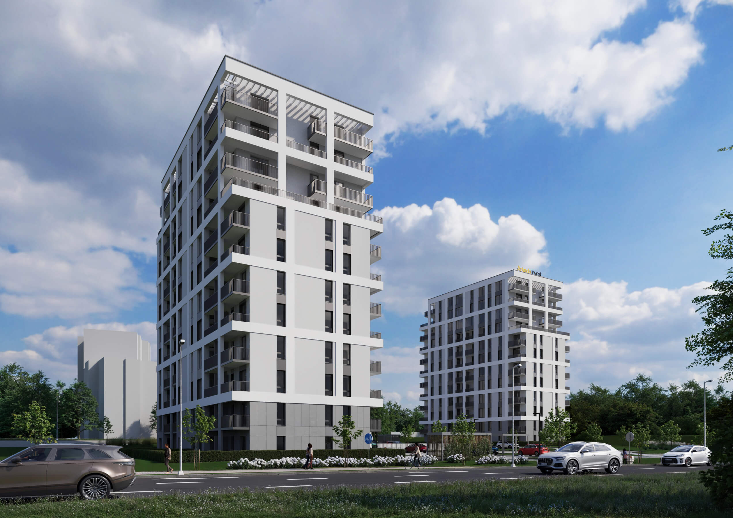 Wizualizacja budynku wielorodzinnego z balkonami i białą elewacją - projekt architektoniczny KP Project