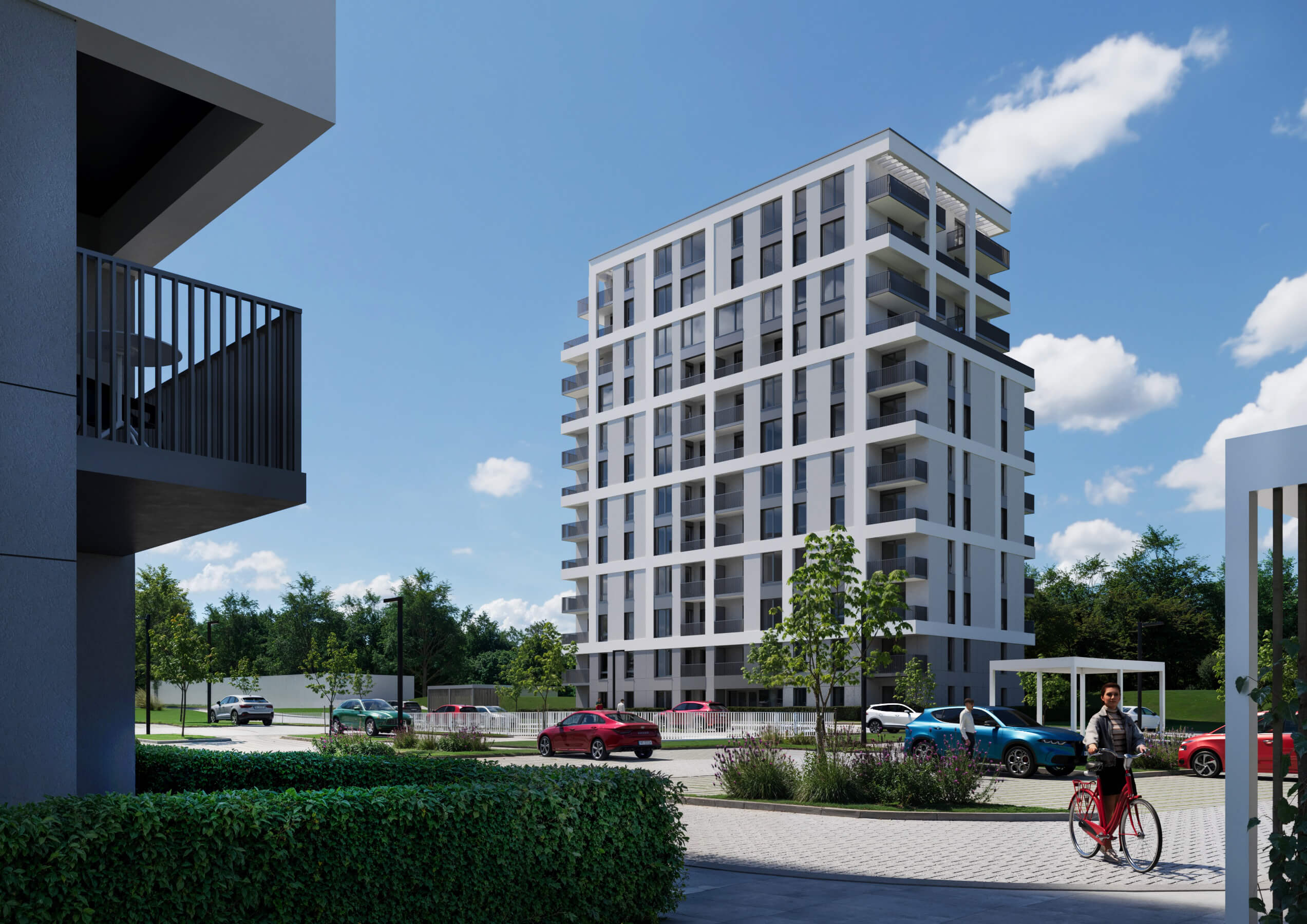 Wizualizacja osiedla mieszkaniowego z apartamentowcem i zagospodarowaniem terenu - projekt architektoniczny KP Project
