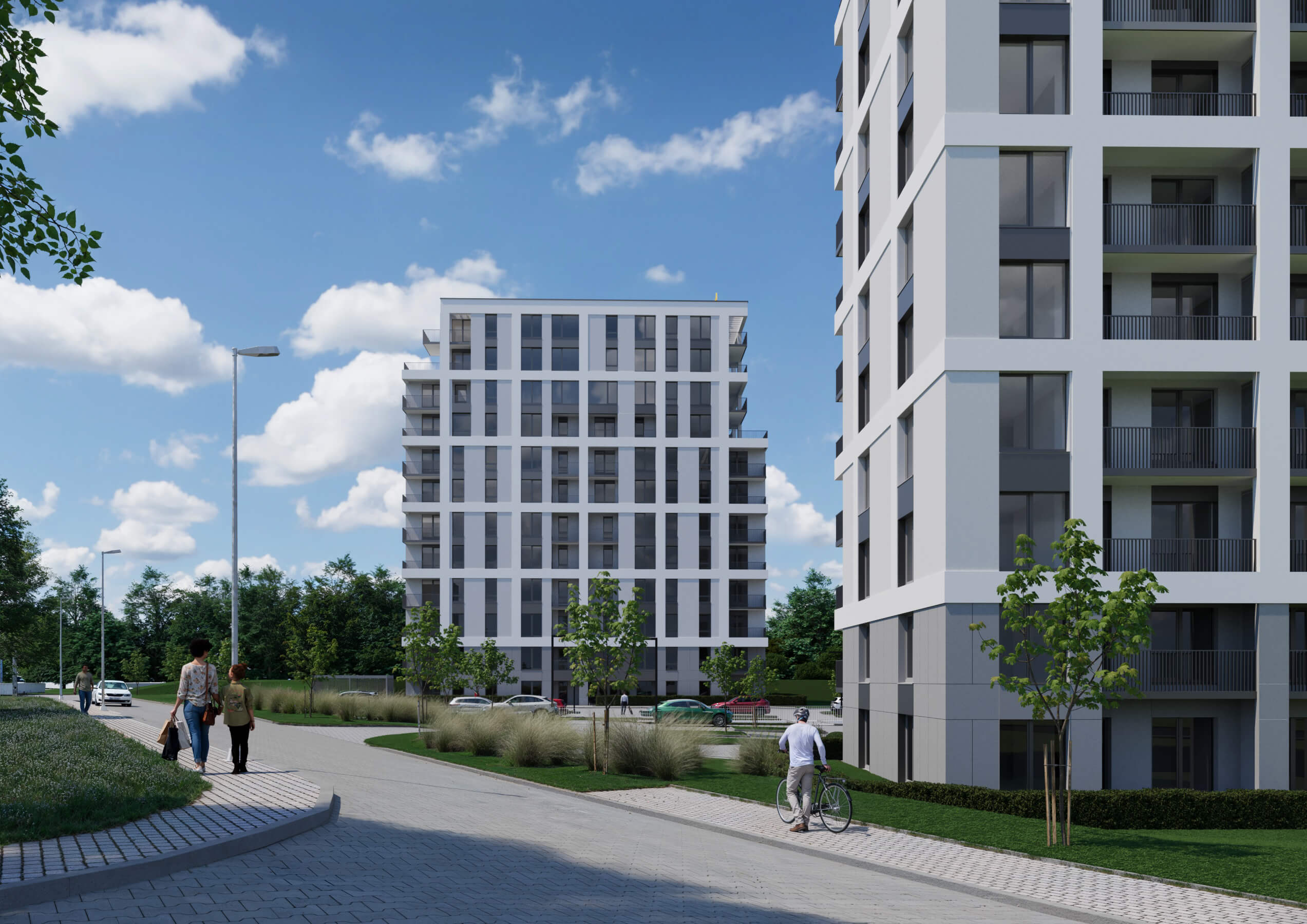 Wizualizacja osiedla z budynkami wielorodzinnymi i strefą pieszą - projekt architektoniczny KP Project